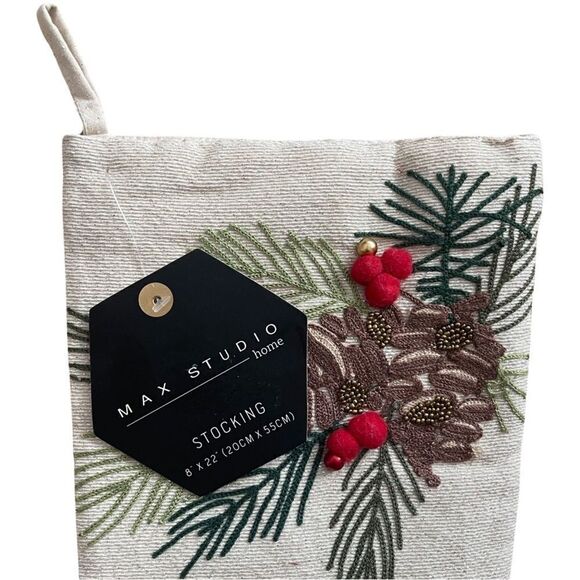 Max Studio Pine Cone Ivory Linen Holiday Christmas Stocking NWT - Picture 2 of 5